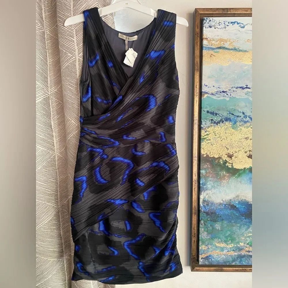 Halston Heritage Dress Womens Size 6 Black/ Blue Pleated Sleeveless Lined NWT